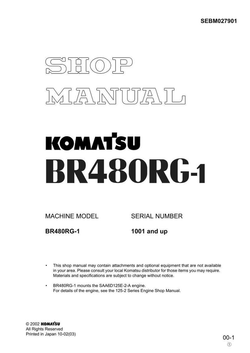 Op de afbeelding: Een witte werkplaatshandleiding voor een Komatsu BR480RG-1 machine. De cover bevat de tekst "SHOP MANUAL" en "KOMATSU BR480RG-1" in vette, zwarte letters. Extra tekst bevat informatie over het machinemodel en het serienummer.