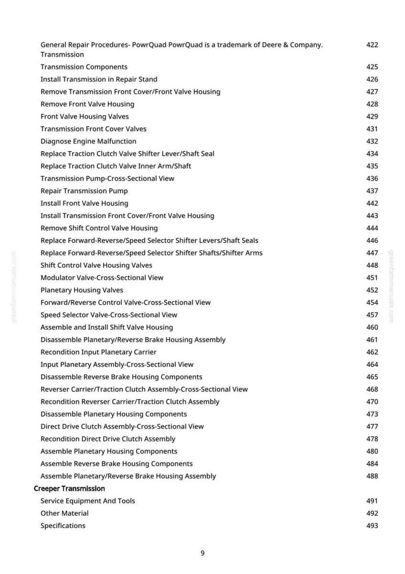 May include: A page from a manual detailing general repair procedures for PowrQuad transmissions. The text lists various components and procedures, including "Transmission Components", "Install Transmission in Repair Stand", and "Diagnose Engine Malfunction".