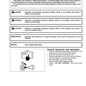 May include: A safety instructions manual with the title "SAFETY FIRST". The manual includes safety symbols and warnings for potential hazards, such as "DANGER" and "WARNING". It also provides instructions for servicing and repairing equipment.