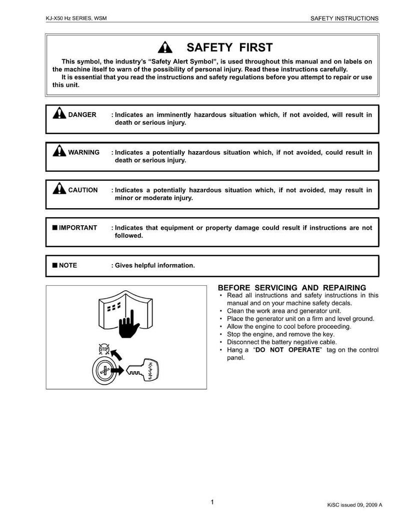 May include: A safety instructions manual with the title "SAFETY FIRST". The manual includes safety symbols and warnings for potential hazards, such as "DANGER" and "WARNING". It also provides instructions for servicing and repairing equipment.