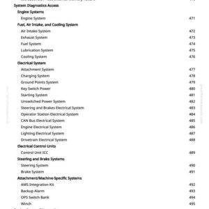 Puede incluir: Una p&aacute;gina blanca con una lista detallada de diagn&oacute;sticos del sistema automotriz, incluidos los sistemas de motor, el&eacute;ctricos y de direcci&oacute;n. El texto incluye nombres de sistemas, c&oacute;digos y n&uacute;meros de p&aacute;gina.