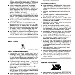 Puede incluir: Una p&aacute;gina de manual de seguridad con texto e ilustraciones. Los temas incluyen evitar el vuelco, la operaci&oacute;n segura en pendientes y el uso del cintur&oacute;n de seguridad. El manual proporciona pautas de seguridad para el funcionamiento de la maquinaria.