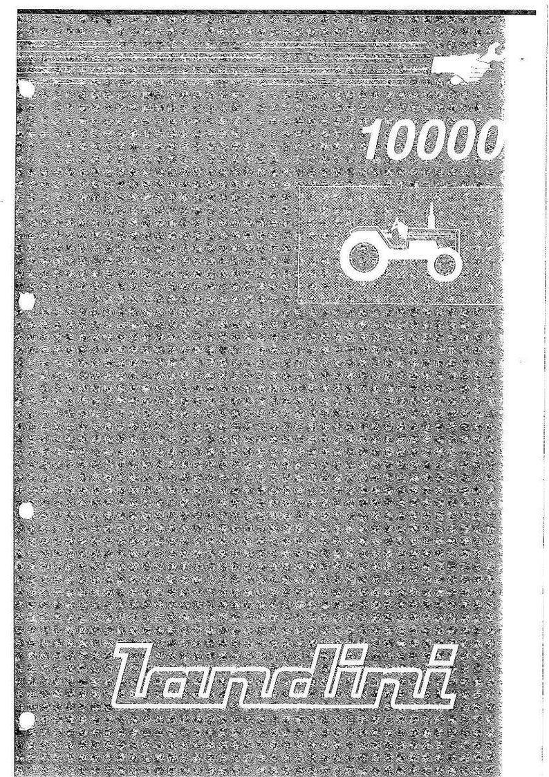 May include: A gray and white Landini tractor manual cover. The cover features the number "10000" and a tractor illustration. The Landini logo is at the bottom. The cover has a dotted texture and three holes on the left side.