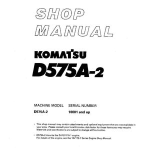 May include: A white shop manual with the title "SHOP MANUAL" in large, outlined text. Below, the Komatsu logo and "D575A-2" are prominently displayed. The manual includes machine model and serial number information.