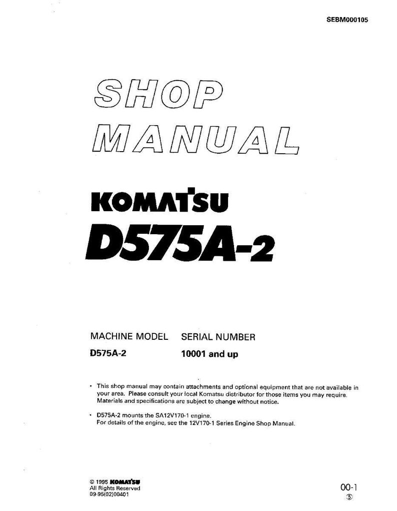 May include: A white shop manual with the title "SHOP MANUAL" in large, outlined text. Below, the Komatsu logo and "D575A-2" are prominently displayed. The manual includes machine model and serial number information.