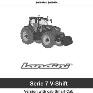 May include: A grayscale image of a Landini Serie 7 V-Shift tractor. The tractor is depicted with large tires, a cab, and a front-end loader. The image also includes the Argo Tractors logo and text that reads "Quality Work. Quality Life."
