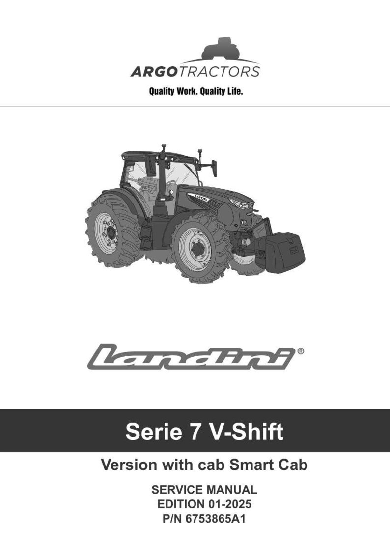 May include: A grayscale image of a Landini Serie 7 V-Shift tractor. The tractor is depicted with large tires, a cab, and a front-end loader. The image also includes the Argo Tractors logo and text that reads "Quality Work. Quality Life."