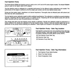 May include: A page from a manual titled "Fuel System - General Information" with diagrams and text about fuel injection pumps. Includes a close-up of a Bosch data tag with numbers and text.