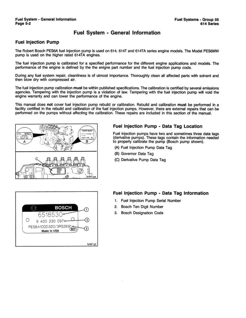 May include: A page from a manual titled "Fuel System - General Information" with diagrams and text about fuel injection pumps. Includes a close-up of a Bosch data tag with numbers and text.