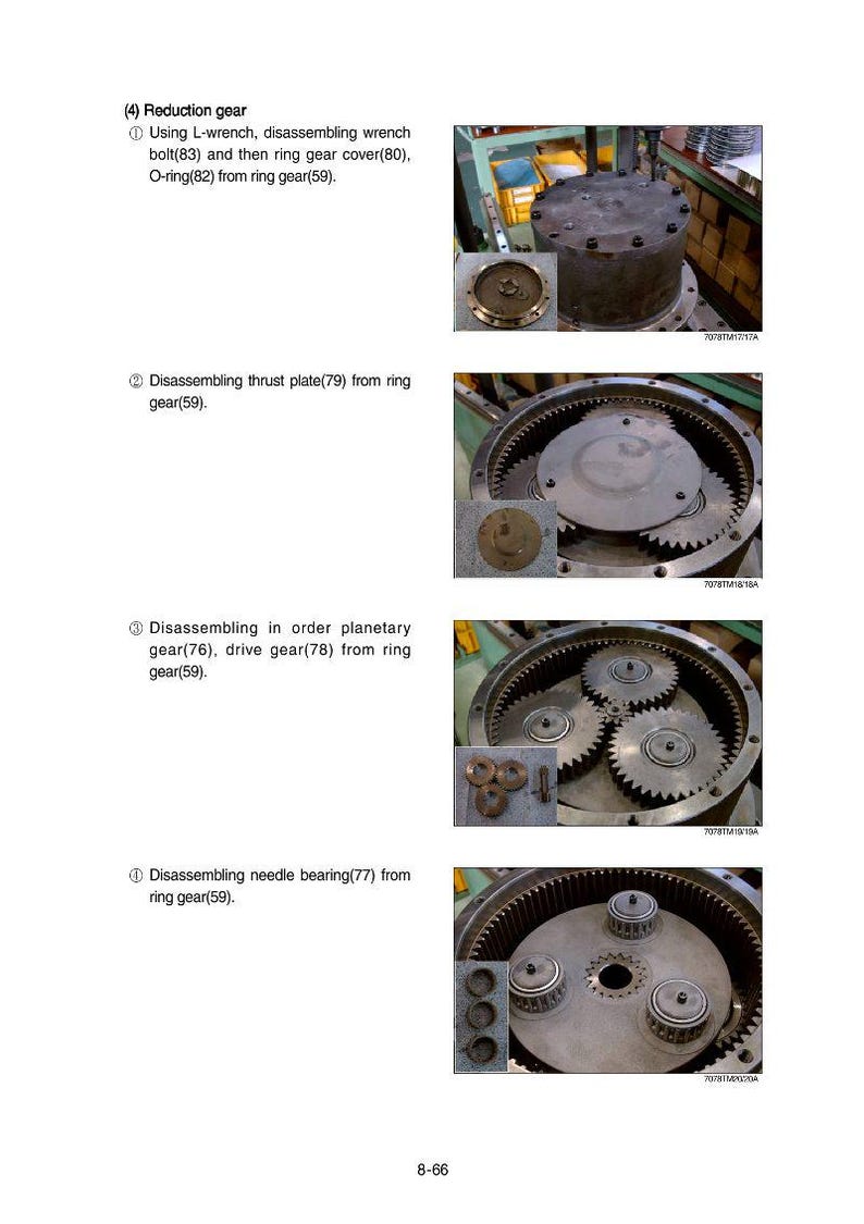 May include: Diagram illustrating the disassembly of a reduction gear. The image details the process, showing the removal of components like the wrench bolt, ring gear cover, and O-ring. It also depicts the thrust plate, planetary gear, drive gear, and needle bearing.
