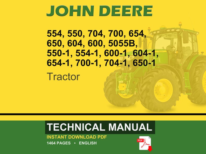 Może przedstawiać: Okładka instrukcji technicznej do ciągnika John Deere. Obraz przedstawia zielono-ż&oacute;łty ciągnik na ż&oacute;łtym tle. Instrukcja zawiera listę numer&oacute;w modeli ciągnik&oacute;w oraz tekst "TECHNICAL MANUAL".