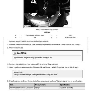May include: Diagram illustrating the removal and installation of a MFWD drop gearbox. The image includes labels for parts like cap screws, washers, and the MFWD drive shaft. The approximate weight of the gearbox is 45 lb.