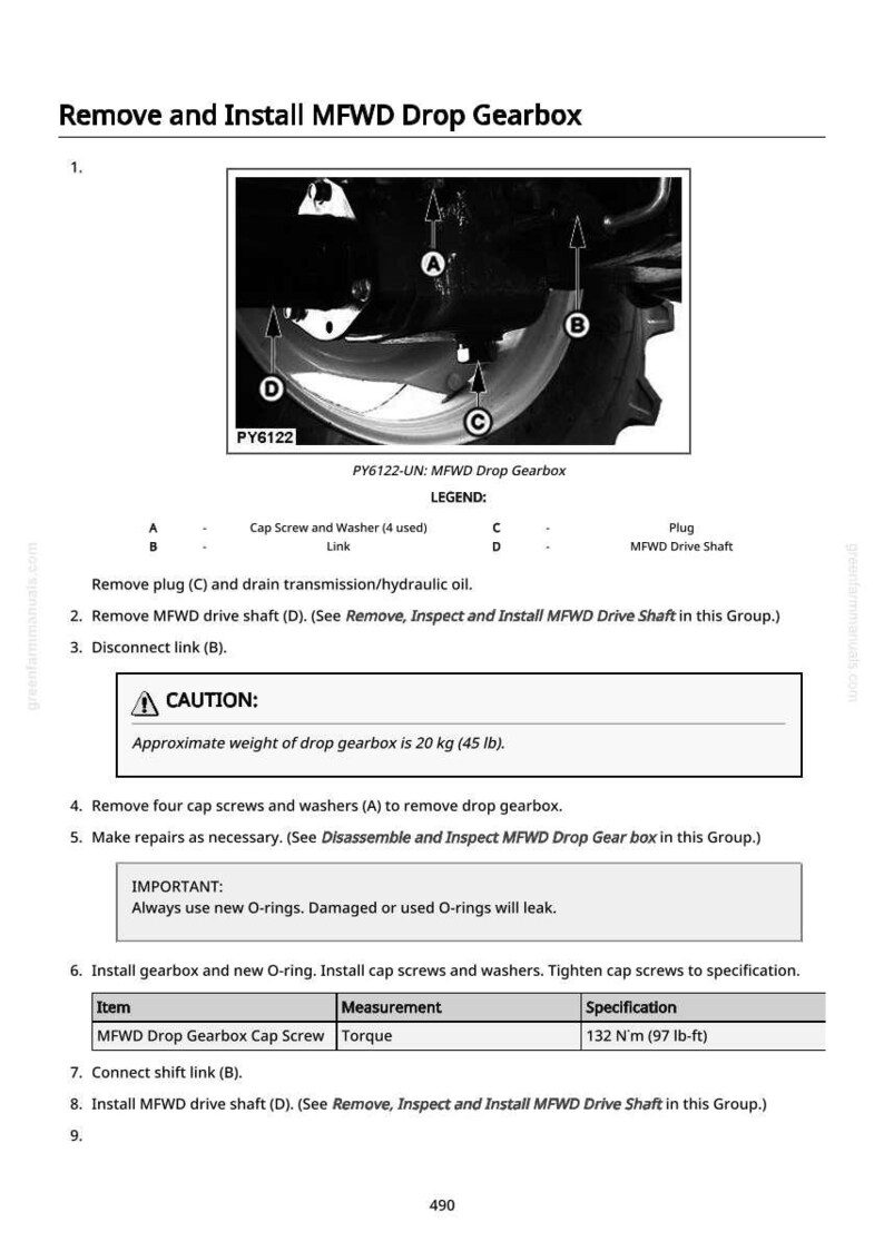 May include: Diagram illustrating the removal and installation of a MFWD drop gearbox. The image includes labels for parts like cap screws, washers, and the MFWD drive shaft. The approximate weight of the gearbox is 45 lb.