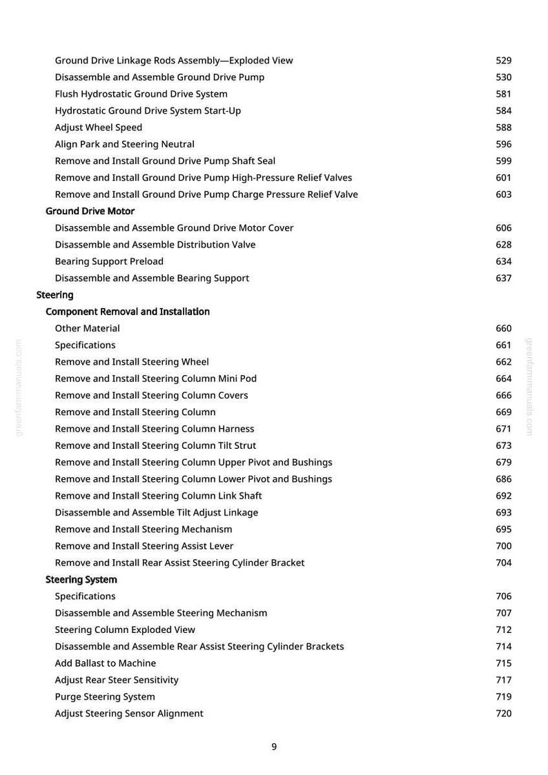 May include: A page from a manual with a list of automotive repair procedures, including ground drive, steering, and component removal. The text is black on a white background, with a website address in the corner.