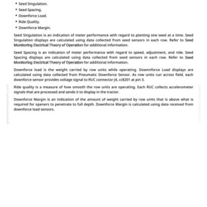 May include: A document titled "Enhanced Monitoring Electrical Theory of Operation" with text describing planter display features: Seed Singulation, Seed Spacing, Downforce Load, Ride Quality, and Downforce Margin. The document is on a white background.