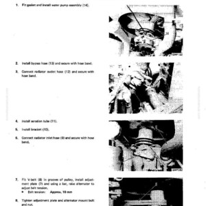 May include: Diagram showing instructions for mounting a water pump assembly. The text details steps for fitting gaskets, installing hoses, and tightening bolts. Belt tension is approx. 10 mm.