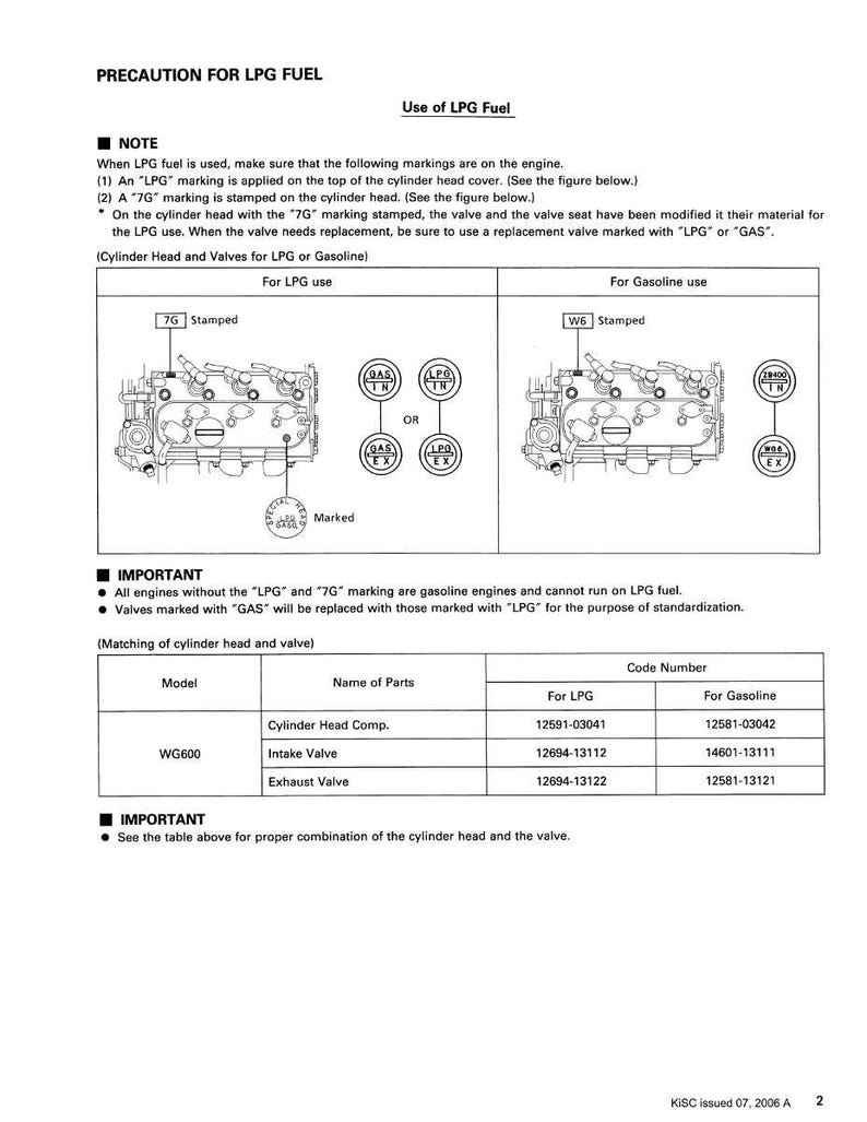 May include: Diagram showing engine cylinder head markings for LPG fuel, with "LPG" and "7G" stamps. Includes a table detailing parts and code numbers for LPG and petrol engines. Text reads "PRECAUTION FOR LPG FUEL" and "Use of LPG Fuel."