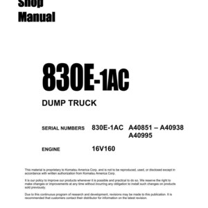 K&ouml;nnte beinhalten: Ein wei&szlig;es Werkstatthandbuch f&uuml;r einen Komatsu 830E-1AC Muldenkipper. Das Cover zeigt den Text "Shop Manual" und die Modellnummer in gro&szlig;er, fetter, schwarzer Schrift. Zus&auml;tzliche Details sind Seriennummern, Motorspezifikationen und das Komatsu-Logo.