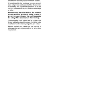 May include: A page from a manual with the title "Introduction" and text about repairing Powerfarm tractors. The text is in black font on a white background. The page includes the Landini logo.
