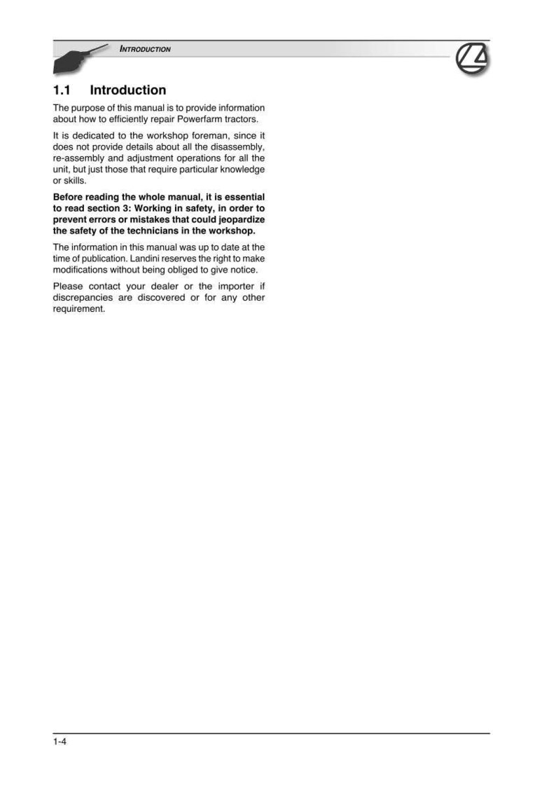 May include: A page from a manual with the title "Introduction" and text about repairing Powerfarm tractors. The text is in black font on a white background. The page includes the Landini logo.