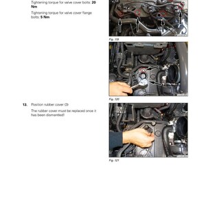 Puede incluir: Diagrama del motor de un manual Fendt 200 Vario V/F/P S3. La imagen muestra instrucciones para apretar los tornillos de la tapa de la v&aacute;lvula y colocar la cubierta de goma. El texto incluye especificaciones de par de apriete en Nm.