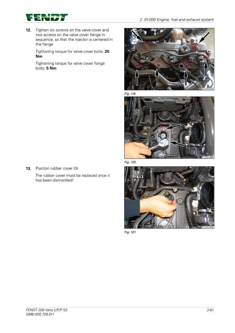 Puede incluir: Diagrama del motor de un manual Fendt 200 Vario V/F/P S3. La imagen muestra instrucciones para apretar los tornillos de la tapa de la v&aacute;lvula y colocar la cubierta de goma. El texto incluye especificaciones de par de apriete en Nm.