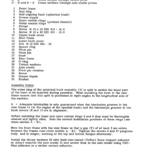 Pode incluir: Diagrama t&eacute;cnico intitulado "FRAMES CENTRE PIVOT AND AXLE CRADLE". Inclui uma lista de pe&ccedil;as com componentes numerados como estruturas, an&eacute;is, buchas e parafusos. O texto e os desenhos t&eacute;cnicos s&atilde;o em preto e branco.