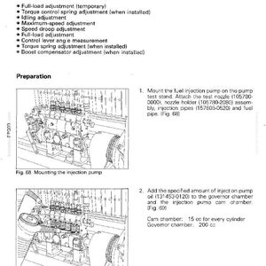 K&ouml;nnte beinhalten: Eine technische Zeichnung mit dem Titel "EINSTELLUNG", die das Einstellen eines RSV-Reglers detailliert. Das Bild zeigt Motordiagramme und Anweisungen zum Einbau der Kraftstoffeinspritzpumpe und zur &Ouml;lzufuhr, mit Messungen in cm&sup3;.