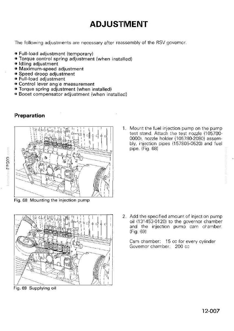 K&ouml;nnte beinhalten: Eine technische Zeichnung mit dem Titel "EINSTELLUNG", die das Einstellen eines RSV-Reglers detailliert. Das Bild zeigt Motordiagramme und Anweisungen zum Einbau der Kraftstoffeinspritzpumpe und zur &Ouml;lzufuhr, mit Messungen in cm&sup3;.
