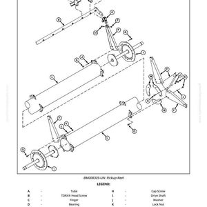 May include: An exploded diagram of a pickup reel assembly, labeled with letters and numbers. The diagram includes parts such as tubes, screws, bearings, and plates. The text "BM008305-UN: Pickup Reel" is at the top.