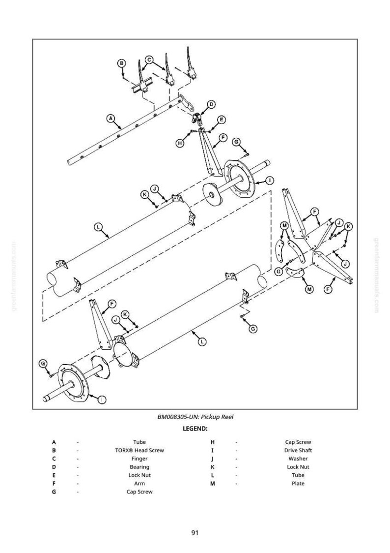 May include: An exploded diagram of a pickup reel assembly, labeled with letters and numbers. The diagram includes parts such as tubes, screws, bearings, and plates. The text "BM008305-UN: Pickup Reel" is at the top.