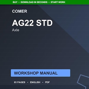 K&ouml;nnte beinhalten: Digitales Werkstatthandbuch f&uuml;r die AG22 STD Achse, mit dem Markennamen Comer oben. Das Handbuch hat 93 Seiten und ist in englischer Sprache, mit einer blauen Schaltfl&auml;che "WORKSHOP MANUAL". Der Hintergrund ist dunkelblau.