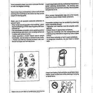 May include: Safety regulations document with headings: Personal Safety and General Operating Regulations. Includes illustrations of safety gear and warnings about flammable materials and machinery.