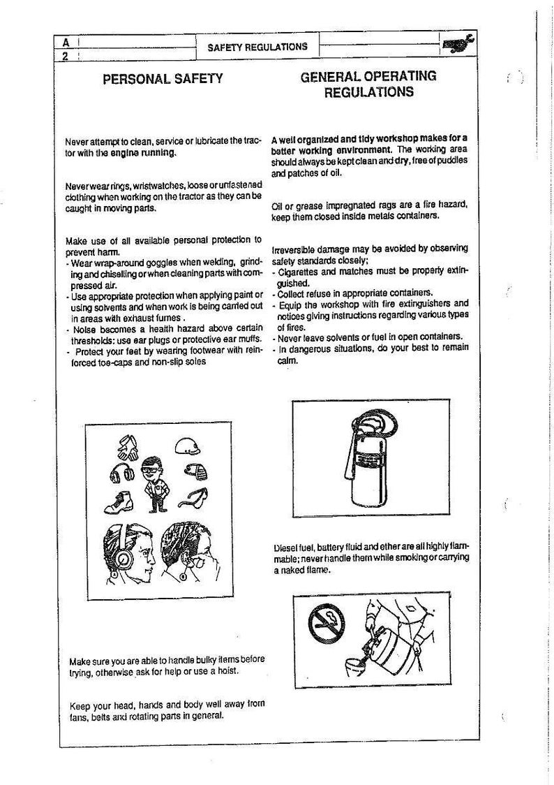 May include: Safety regulations document with headings: Personal Safety and General Operating Regulations. Includes illustrations of safety gear and warnings about flammable materials and machinery.