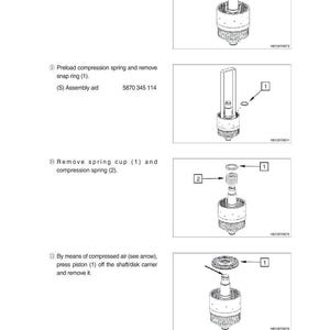 May include: Diagram showing mechanical components with numbered steps. Illustrations detail removing retaining rings, snap rings, spring cups, and pistons. Text includes assembly aid number 5870 345 114.