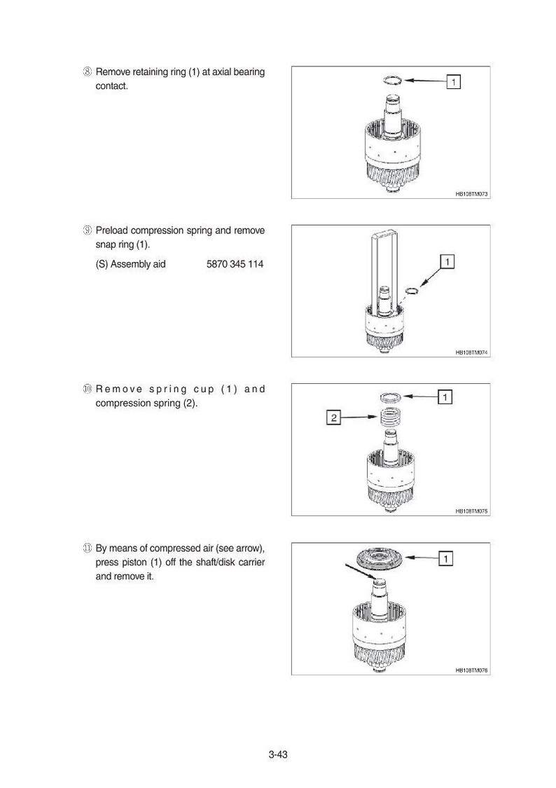 May include: Diagram showing mechanical components with numbered steps. Illustrations detail removing retaining rings, snap rings, spring cups, and pistons. Text includes assembly aid number 5870 345 114.