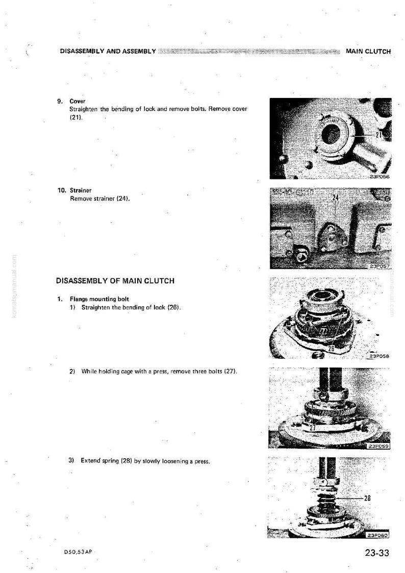 May include: A page from a manual detailing the disassembly and assembly of a main clutch. The page includes diagrams and instructions for removing parts like the cover, strainer, and flange mounting bolt. The text includes measurements and part numbers.