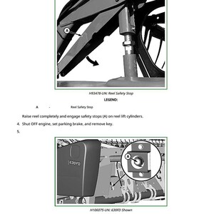 Op de afbeelding: Diagram van onderdelen van landbouwmachines, waaronder een haspelveiligheidsstop en een spanknop. De afbeelding bevat gedetailleerde illustraties met labels en pijlen voor onderhoudsinstructies.