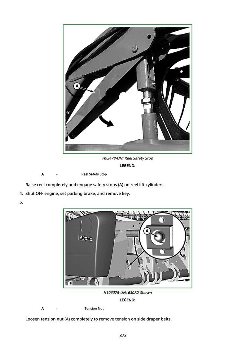 Op de afbeelding: Diagram van onderdelen van landbouwmachines, waaronder een haspelveiligheidsstop en een spanknop. De afbeelding bevat gedetailleerde illustraties met labels en pijlen voor onderhoudsinstructies.