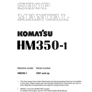 K&ouml;nnte beinhalten: Ein wei&szlig;es Werkstatthandbuch mit dem Text "SHOP MANUAL" in einer stilisierten Schriftart. Das Komatsu-Logo und "HM350-1" sind deutlich sichtbar. Enth&auml;lt Informationen zu Maschinenmodell und Seriennummer.