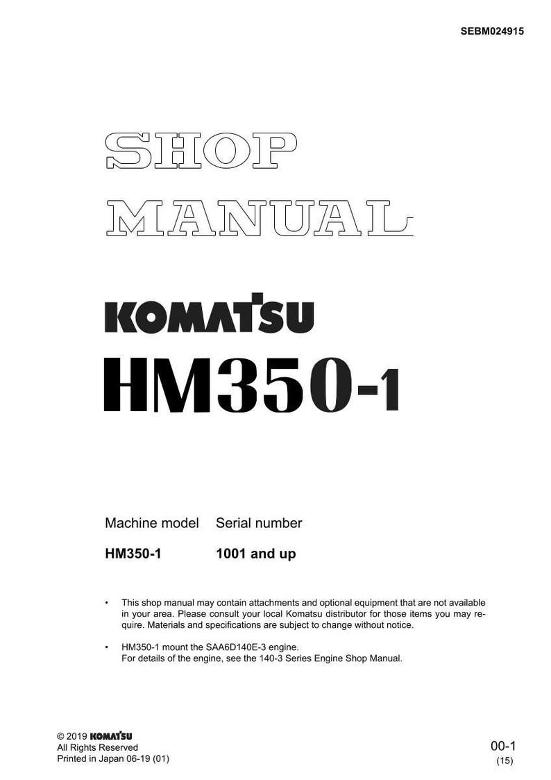 K&ouml;nnte beinhalten: Ein wei&szlig;es Werkstatthandbuch mit dem Text "SHOP MANUAL" in einer stilisierten Schriftart. Das Komatsu-Logo und "HM350-1" sind deutlich sichtbar. Enth&auml;lt Informationen zu Maschinenmodell und Seriennummer.