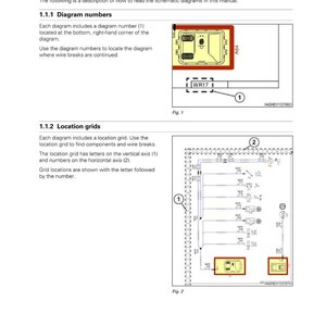 May include: A manual page detailing how to read wiring schematics, featuring diagrams of electrical circuits with numbered components and grid references. The text explains diagram numbers and location grids. The manual is for Windrower Wiring Diagrams.