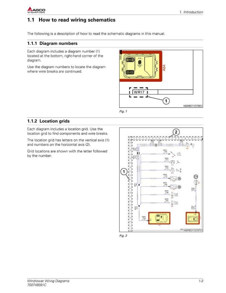 May include: A manual page detailing how to read wiring schematics, featuring diagrams of electrical circuits with numbered components and grid references. The text explains diagram numbers and location grids. The manual is for Windrower Wiring Diagrams.