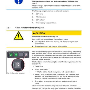 Puede incluir: Una p&aacute;gina de un manual de servicio y reparaci&oacute;n que detalla el mantenimiento del motor. Incluye una advertencia sobre la irritaci&oacute;n respiratoria e instrucciones para limpiar el radiador con un ventilador reversible. El manual tambi&eacute;n muestra un interruptor de ventilador reversible.