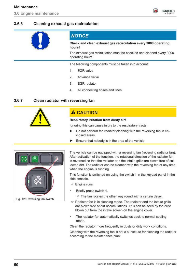 Puede incluir: Una p&aacute;gina de un manual de servicio y reparaci&oacute;n que detalla el mantenimiento del motor. Incluye una advertencia sobre la irritaci&oacute;n respiratoria e instrucciones para limpiar el radiador con un ventilador reversible. El manual tambi&eacute;n muestra un interruptor de ventilador reversible.