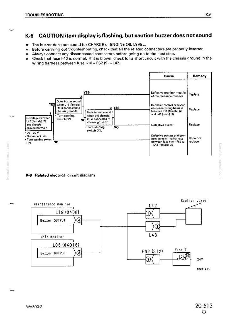 May include: A troubleshooting diagram with text and a circuit diagram. The text explains the issue of a flashing caution item display and a non-sounding buzzer. The diagram includes flowcharts and electrical components.