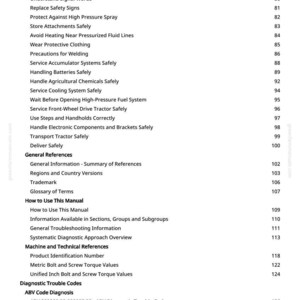 May include: A page from a manual with a list of safety and technical topics. The text includes titles like "Keep ROPS Installed Properly" and "Metric Bolt and Screw Torque Values". The page number is 3.