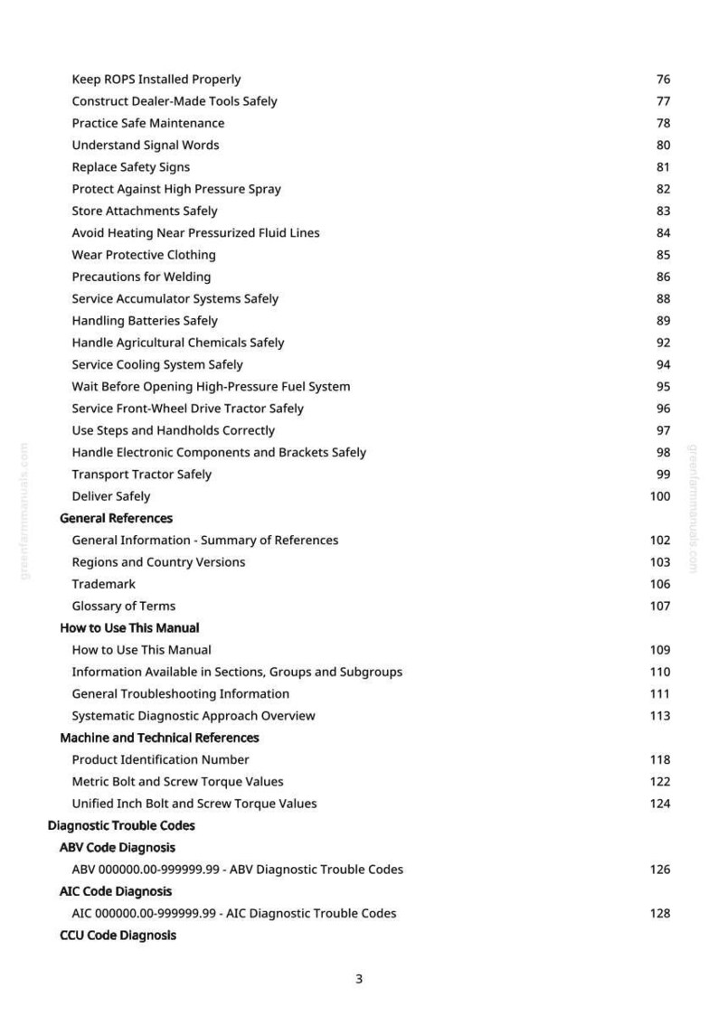 May include: A page from a manual with a list of safety and technical topics. The text includes titles like "Keep ROPS Installed Properly" and "Metric Bolt and Screw Torque Values". The page number is 3.
