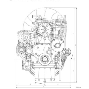 May include: Detailed technical drawing of an engine's front side, labeled S4D95LE-3. The diagram includes dimensions and labels for components like the crankshaft and cylinder center. Applicable machines are listed.