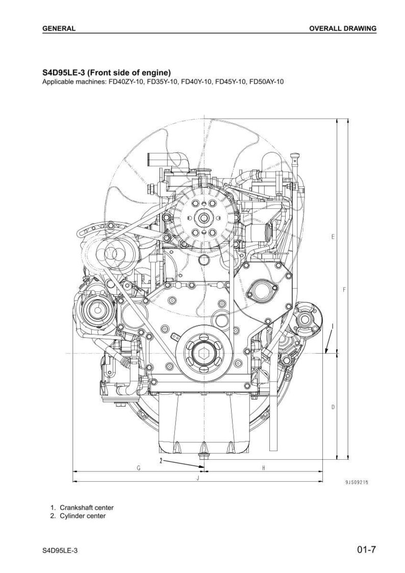 May include: Detailed technical drawing of an engine's front side, labeled S4D95LE-3. The diagram includes dimensions and labels for components like the crankshaft and cylinder center. Applicable machines are listed.